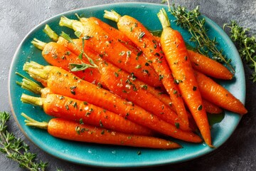 Honey-Glazed Carrot Medley on blue plate, golden-brown roasted carrots tossed in honey and herbs with fresh thyme. Concept of simple elegance and warmth in presentation.