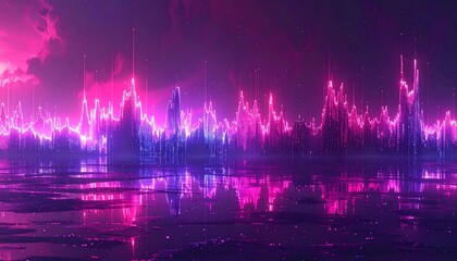 A vibrant, neon landscape depicting a cityscape, reflected in tranquil water, with pulsating energy lines and a dramatic, colorful sky