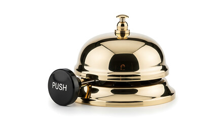 Shiny gold service bell with a black push button isolated on a white background for hospitality
