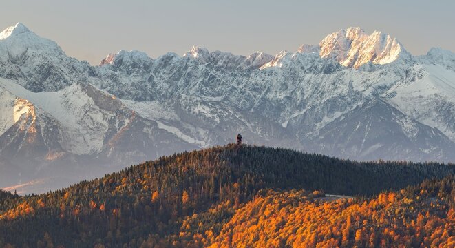 Jesienny widok na Gorce i zaśnieżone Tatry Wysokie z wieży na Mogielicy