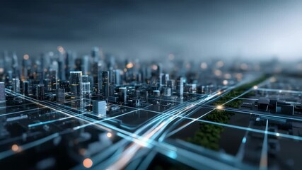 A vibrant cityscape showcases digital connectivity and smart infrastructure with glowing lines symbolizing data flow. The image highlights urban development, innovation, and future technology trends - Powered by Adobe
