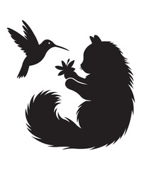 Adorable Cat and Hummingbird Silhouette with Flower Design.