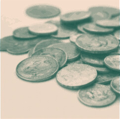 Retro Coins in Halftone Texture, symbolizing Business Finance, Wealth Concept, and Vintage Economy aesthetics in green-beige minimalist surreal collage style.