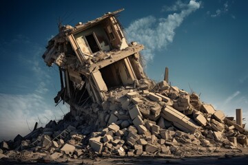 Fototapeta premium Destroyed building collapsing under clear blue sky after earthquake