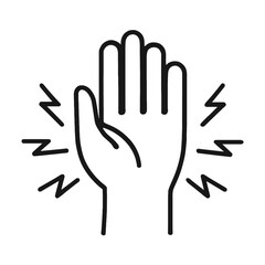 Obraz premium A minimalist black outline vector illustration depicts a human hand experiencing a sudden, sharp, or electric sensation, emphasized by radiating lightning bolts.
