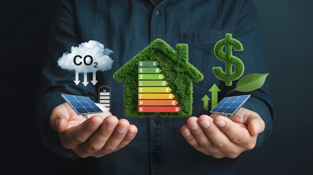 Eco-conscious hands presenting sustainable energy solutions for a greener future and financial savings with solar power and energy efficiency upgrades