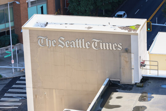 Aerial view of the Seattle Times news building in Seattle, Washington. 