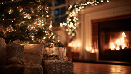 Obraz premium Cozy Christmas Scene with Decorated Tree and Gifts