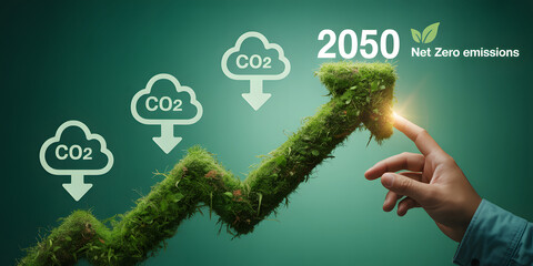 Countdown to 2050 Net Zero emissions goal with upward green graph and CO2 reduction, symbolizing a sustainable future and global climate action