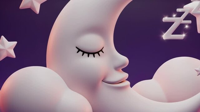 A whimsical crescent moon is gently sleeping amongst the clouds and stars, representing sweet dreams, relaxation, and serenity.