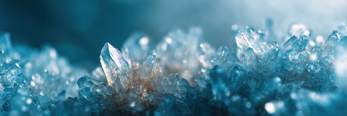 Macro of translucent ice crystals sparkling with prismatic reflections, pale blue hues, abstract background banner. Panoramic web header. Wide screen wallpaper