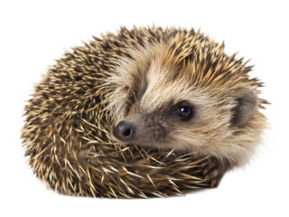 A small European hedgehog with light brown quills is resting, partially curled, showing its face and keen eyes, perfectly isolated on a transparent background.
