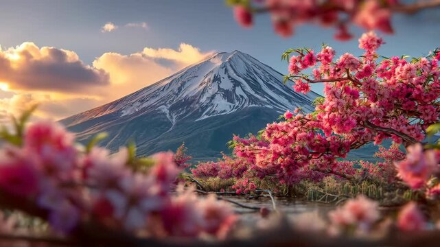 A picturesque scene of Mount Fuji, its snow-capped peak is framed by vibrant cherry blossoms in full bloom. The image embodies the spirit of spring and natural beauty.