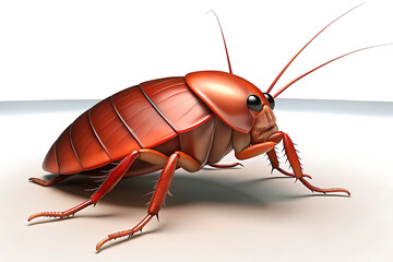 Close up detailed studio shot of a large reddish brown cockroach insect with long antennae and segmented legs on a clean white background