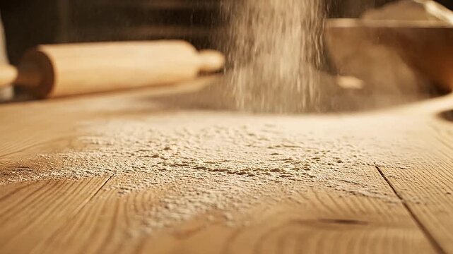 Flour dusting a wooden surface, slow motion, bakery concept.