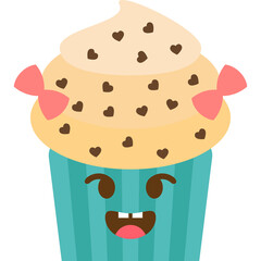 Cute cartoon cupcake character with cream topping chocolate chips pink bows and teal wrapper with a happy face and cartoon eyes