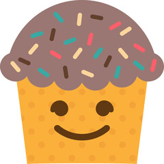 Cute Cartoon Cupcake with Chocolate Frosting and Sprinkles Featuring a Smiling Face on a Transparent Background