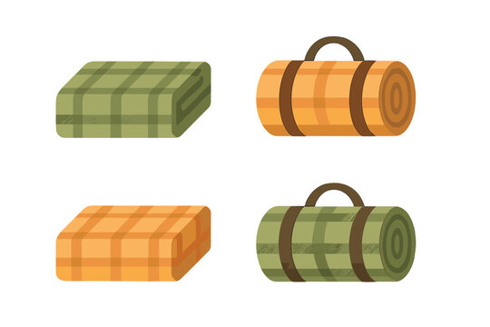 Plaid camping mats and picnic blankets folded and rolled up for easy transport and storage