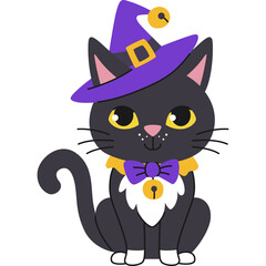 Cute black cat wearing a purple witch hat with gold bell and yellow collar with bow tie and bell for Halloween celebration against a transparent background