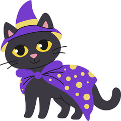 Cute black cat wearing a purple wizard hat and polka dot cape for halloween with a transparent background