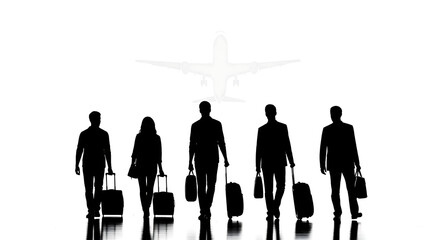 A group of five diverse individuals, depicted as stark black silhouettes, stand with their luggage. 