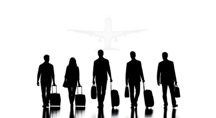 A group of five diverse individuals, depicted as stark black silhouettes, stand with their luggage. 