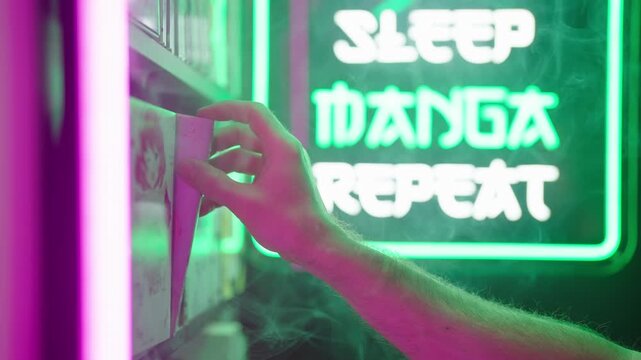Hand pick a manga comic from shelf with futuristic neon sign in background 4K
