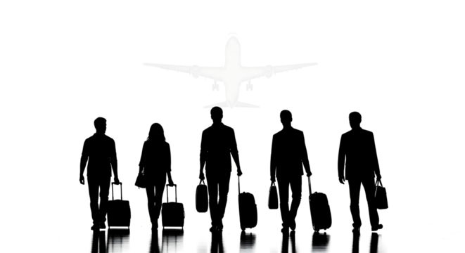 A group of five diverse individuals, depicted as stark black silhouettes, stand with their luggage.  - Powered by Adobe