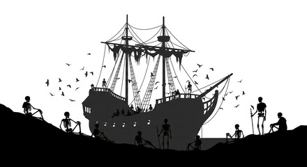 Mysterious Dramatic Silhouette of Abandoned Ship and Skeleton Sailors