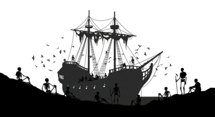 Mysterious Dramatic Silhouette of Abandoned Ship and Skeleton Sailors