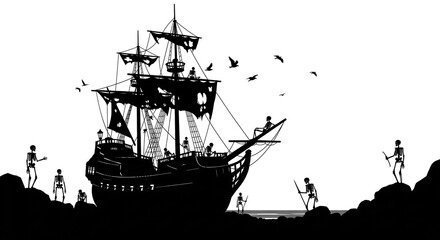 Old Shipwreck Silhouette on Rocky Shore – Skeleton Sailors Art
