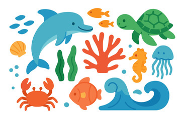 Colorful smiling marine animals set including dolphin turtle crab and jellyfish