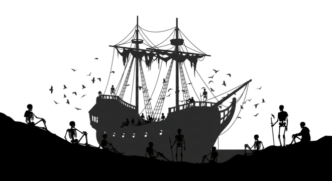 Mysterious Dramatic Silhouette of Abandoned Ship and Skeleton Sailors