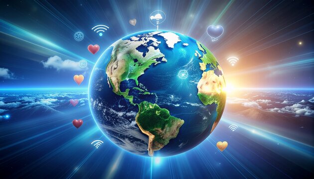 A vibrant digital illustration of Earth from space, glowing with blue light and surrounded by heart and Wi-Fi icons, symbolizing global connection, communication, and love across the world.