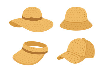 Set of summer straw headwear styles including wide brim sun hat, bucket hat, visor, and baseball cap