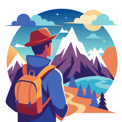 Adventurer with backpack gazing at majestic snowy mountains and serene lake isolated on white background isolated on transparent background