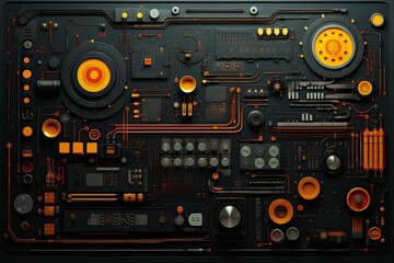 Fototapeta premium Intricate circuit board design featuring glowing orange components and complex wiring, evoking a sense of advanced technology