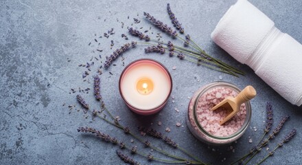 Spa treatment with lavender a candle and bath salts overhead shot on a textured gray background for wellness and relaxation concepts