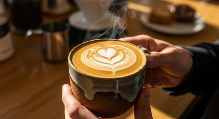 Close-up of a steaming cappuccino with latte art held in hands perfect for a coffee shop menu or blog post