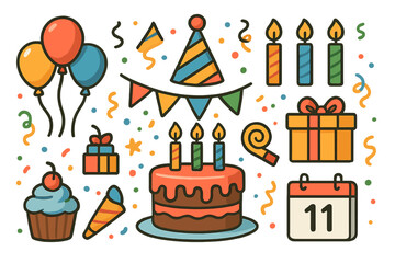 Colorful collection of birthday celebration elements including cake, balloons, presents, and party decorations