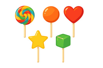Colorful lollipops in various shapes including swirl, heart, star, circle, and cube candy assortment