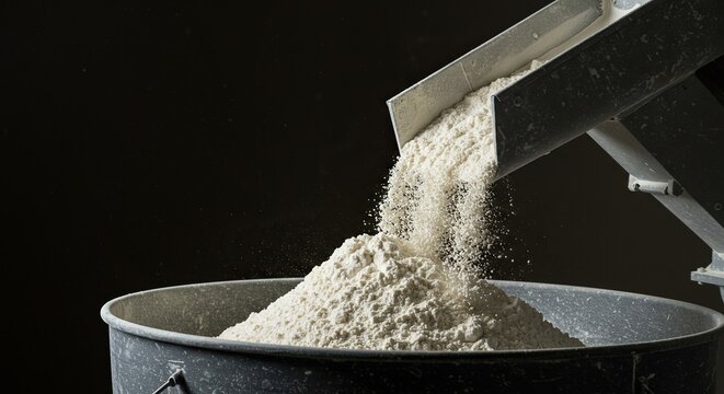 Freshly milled white flour pouring from a chute into a large container, showcasing its fine texture and pristine quality ,production ,factory ,cooking