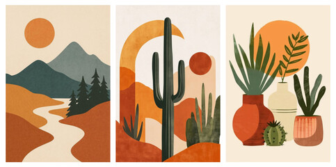 Boho desert landscape with cactus, mountains, and sun. Abstract nature illustration, minimalist wall art, earthy tones, and modern home decor design.  © hadi
