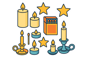 Collection of burning candles in various sizes with matchbox and golden stars