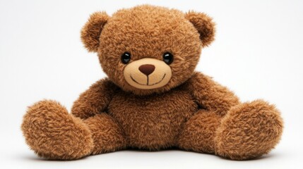 Obraz premium A cute teddy bear with a friendly smile on a white background. Perfect for children's products, toy advertising and decorating children's rooms.
