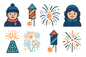 Happy people celebrating winter holidays with colorful icons and exploding fireworks displays