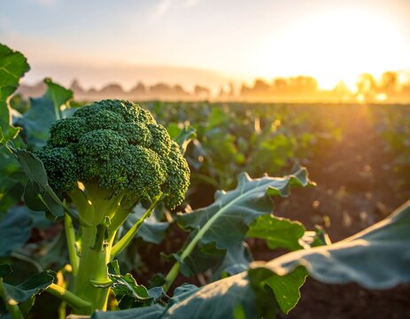 Broccoli Plant in Field at Sunrise.
