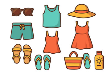 Colorful collection of essential summer vacation items including swimwear, sandals, hat, and sunscreen