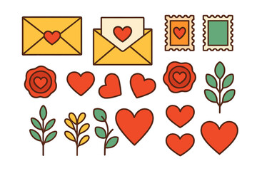 Romantic mail elements collection featuring hearts, envelopes, wax seals, stamps, and decorative leaves