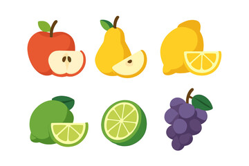 Fresh ripe fruits collection including apple, pear, lemon, lime, and grapes, whole and sliced